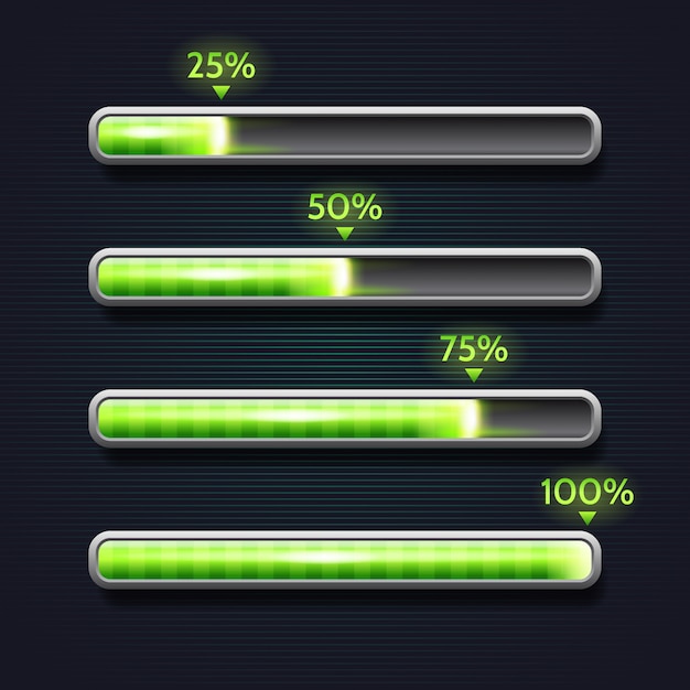 Vettore barra di avanzamento verde, caricamento, modello per l'interfaccia dell'app
