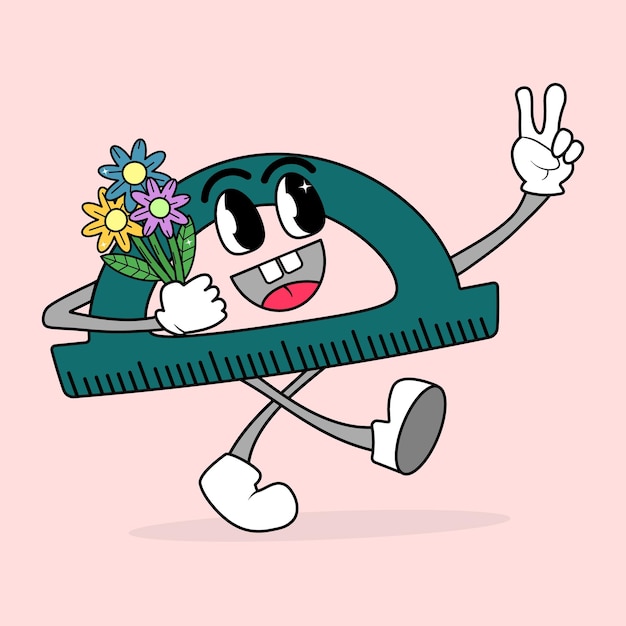 a green protractor with a smile and flowers in a cute cartoon style