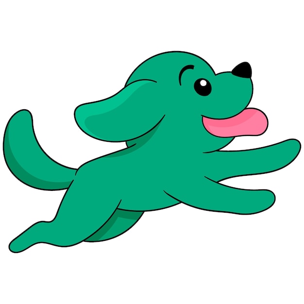 Зелёный щенок весело бегает, играя.