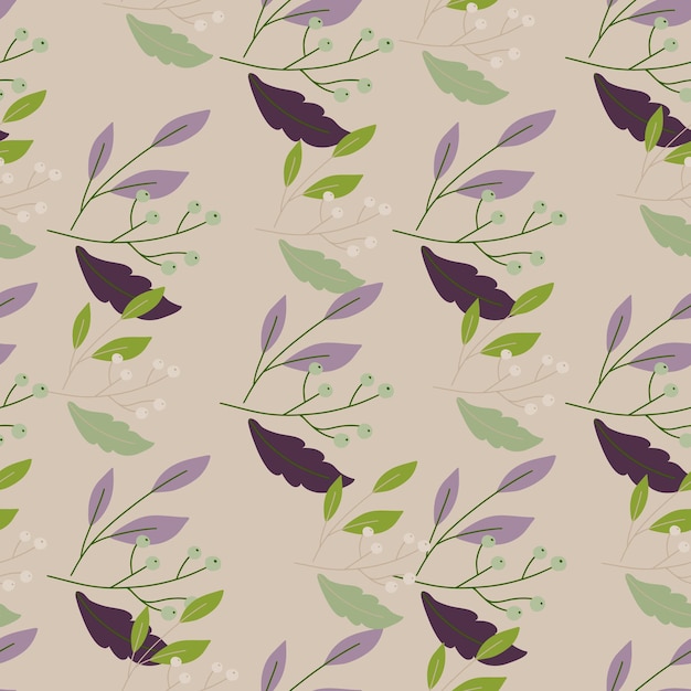ベージュの背景に緑、紫、茶色の葉のパターン