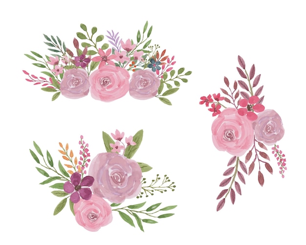 Green purple floral arrangement collection with watercolor