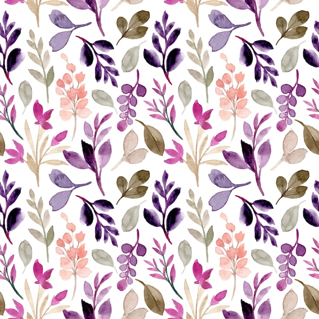Green purple leaves seamless pattern with watercolor