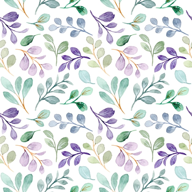 Vector green purple leaves watercolor seamless pattern