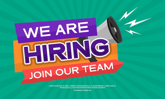 Green and purple poster saying we're hiring