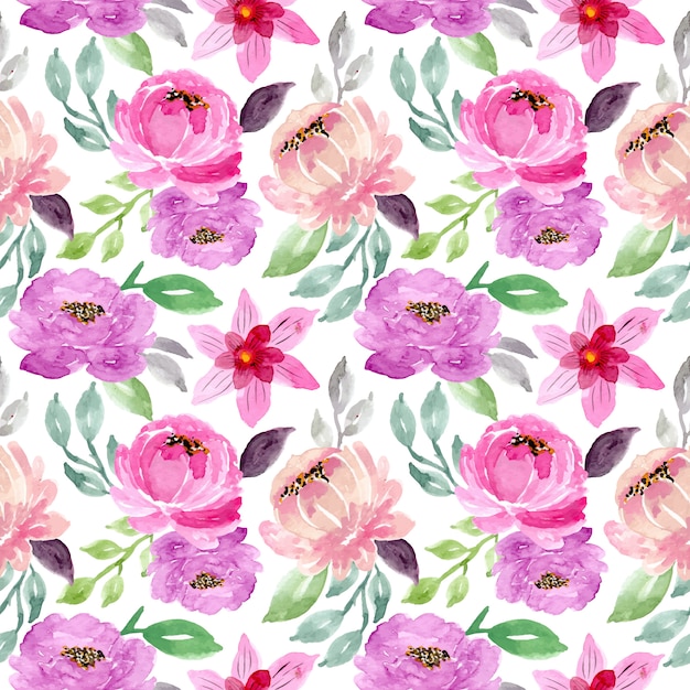 Green purple watercolor floral seamless pattern