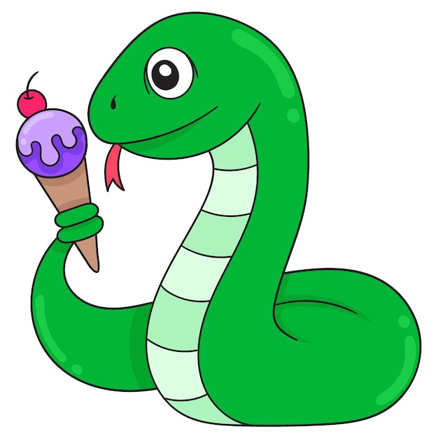 Pitone verde che tiene il cono gelato doodle icon image kawaii