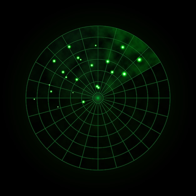 Radar verde isolato su oscurità. sistema di ricerca militare. display radar hud. illustrazione vettoriale