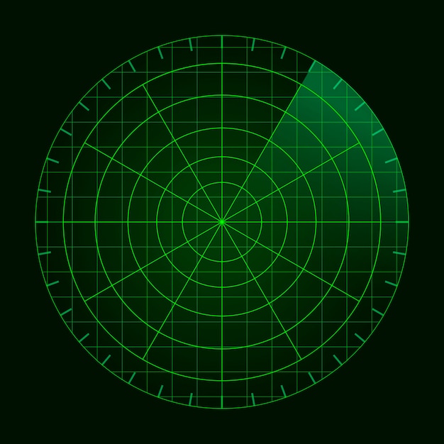 Schermo radar verde sistema di ricerca aerea militare display radar hud vettoriale rilevamento radio con interfaccia futuristica