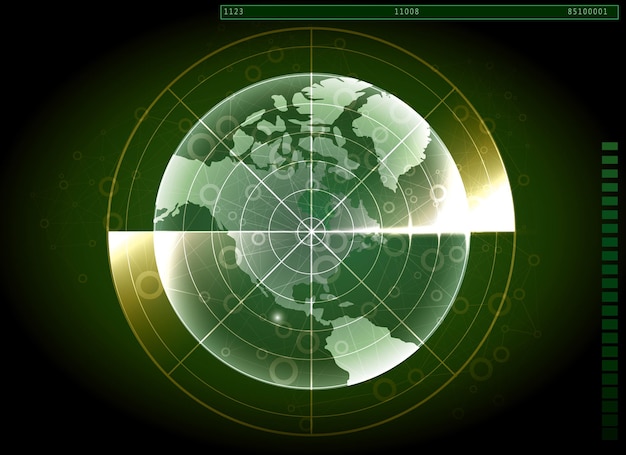 Vettore schermo radar verde e mappa del mondo. progettazione del sistema di navigazione.