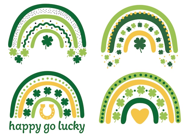 Vector green rainbows set boho scandinavian style saint patrick's day with shamrocks green vector