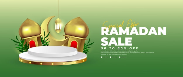 Vettore disegno di banner verde per la vendita del ramadan con lanterna sul podio e elementi lunari