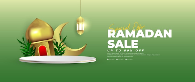 Дизайн зеленого баннера распродажи Рамадана с фонарем на подиуме и элементами луны