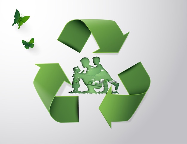 Green recycle logo and family