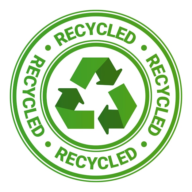 Adesivo timbro riciclato verde con illustrazione vettoriale dell'icona di riciclo