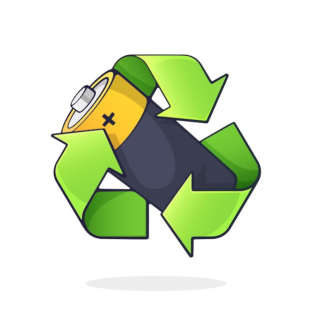 Green recycling symbol with used alkaline battery inside