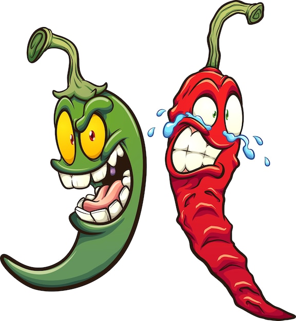 Green and red chili peppers smiling and crying