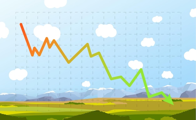Vector green and red decrease stocks graph on sunny nature landscape