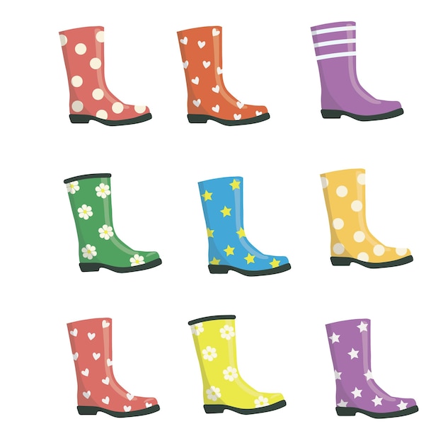 Green red orange rubber boots with daisies hearts in cartoon style Vector illustration set