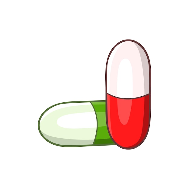 Green and red pills icon in cartoon style on a white background