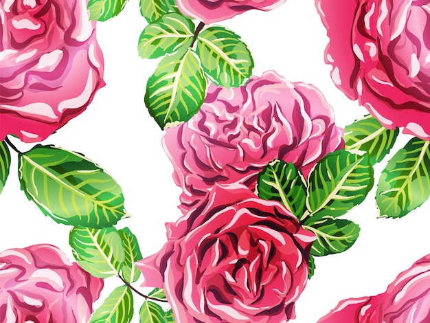 Green and Red Rose Seamless Pattern. Girly Hawaiian Peony Background.  Summer Peonies Leaves and Buds Sleepwear Texture.  Botanic Rose Flower Swimwear Print. Hand Drawn Continuous Floral Design.