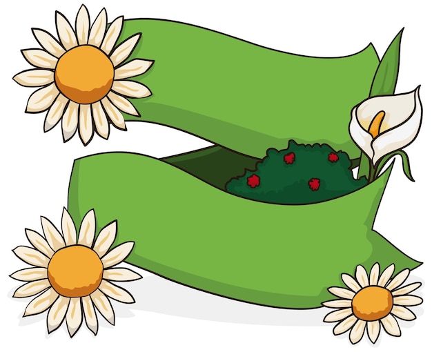 Green ribbons template decorated with white daisies calla lily and foliage with little flowers