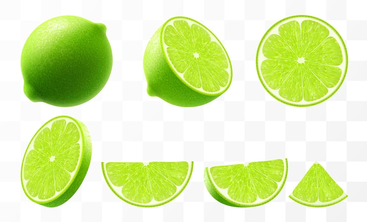 Vector green ripe lime set whole half and slice citrus fruit isolated on transparent background tropical