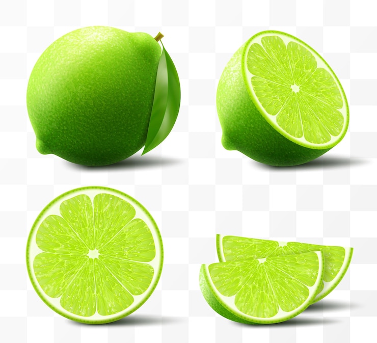 Vector green ripe lime set whole half and slice citrus fruit isolated on transparent background tropical