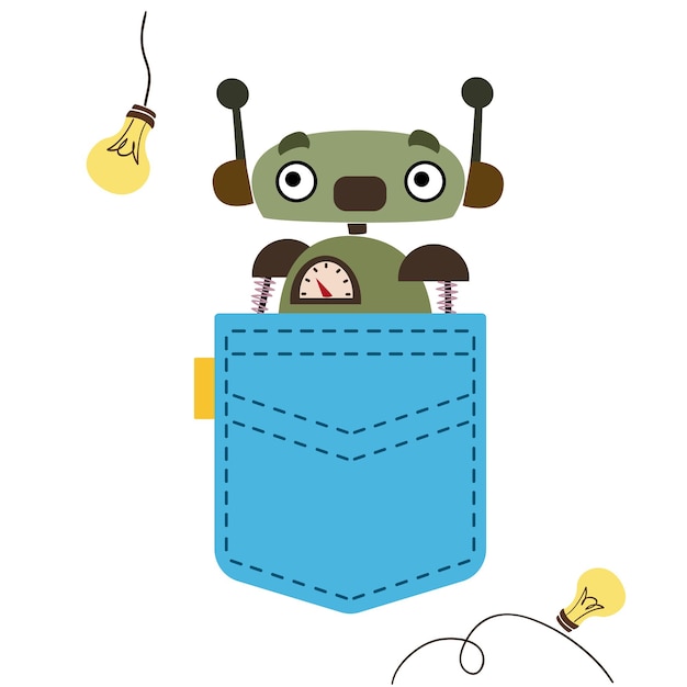 A green robot looks out of a blue pocket vector illustration in cartoon children s style