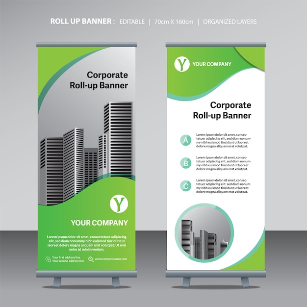 Green roll up banner design template with city background