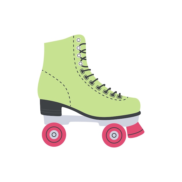 Green roller skate, vintage quad skates. Girls wearing retro fashion style from 70s 80s . Sport