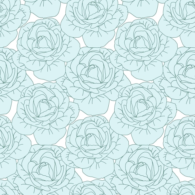 Green roses flower head seamless pattern for textile or wallpaper Vector line art pastel color background