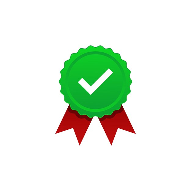 Vector green rosetted award medal with check mark