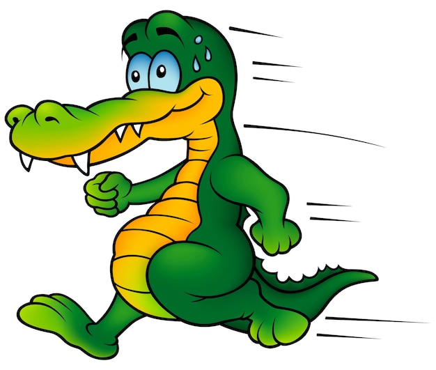 Vector green running crocodile with drops of sweat as cartoon illustration