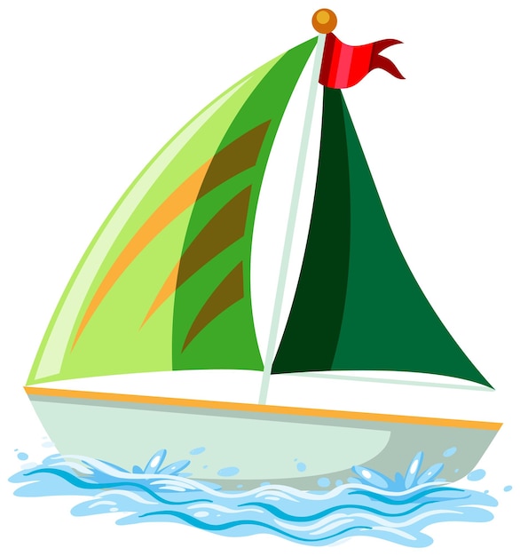 Vector green sailboat on the water in cartoon style