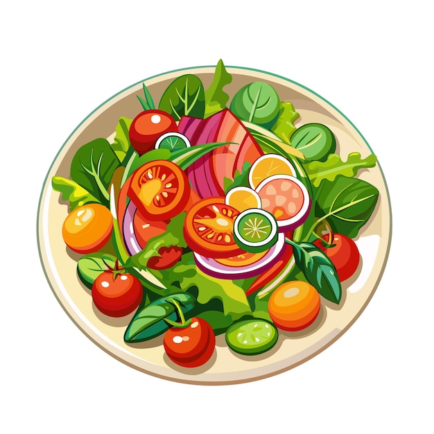 Vector green salad of fresh vegetables salad bowl on white background