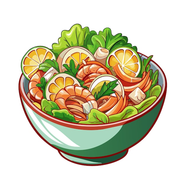 Green salad with vegetables and shrimps in transparent salad bowl on white background