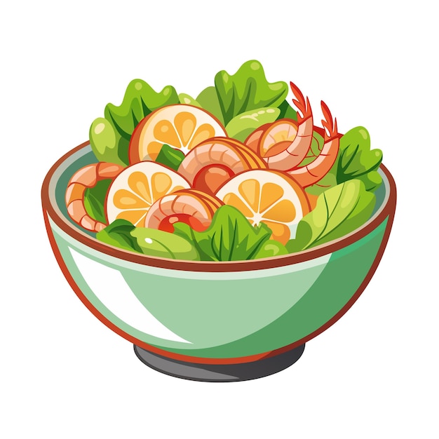Vector green salad with vegetables and shrimps in transparent salad bowl on white background