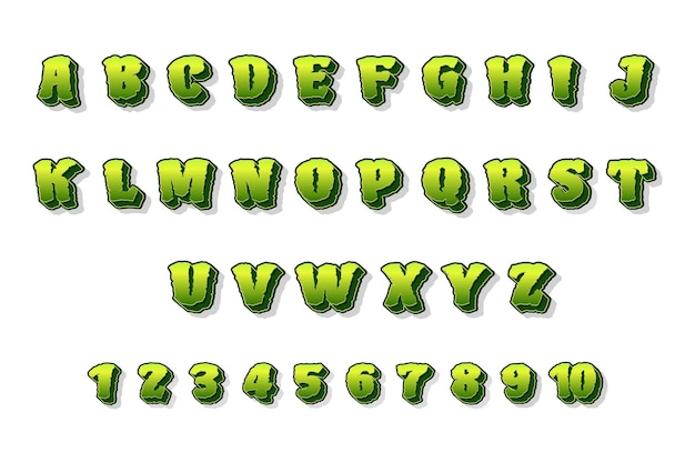 Vettore modello di progettazione di lettere e numeri dell'alfabeto 3d verde spaventoso, stile moderno con effetto font