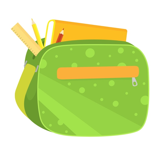 Зеленый школьный рюкзак желтая линейка цветные карандаши Образовательные аксессуары студенты вектор