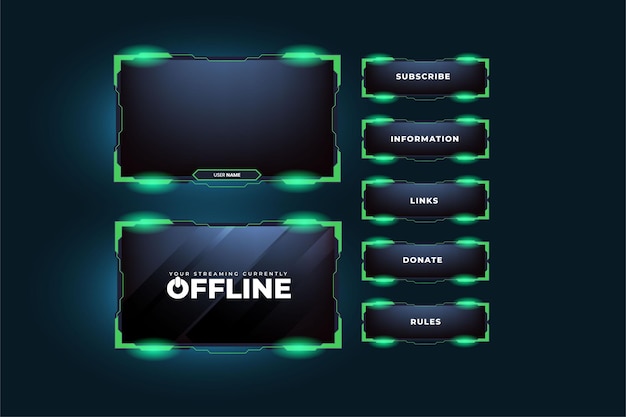 Vettore di sovrapposizione dello schermo verde su sfondo scuro pannello dello schermo di gioco dal vivo e design del telaio con effetto luminoso vettore di sovrapposizione dello streaming creativo con bordo dello schermo per i giocatori online