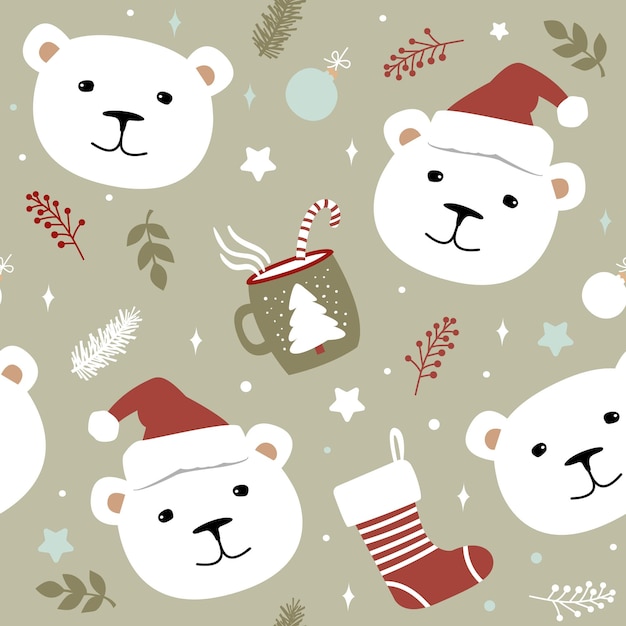 Green seamless pattern of polar bears and Christmas elements Cute vector illustration for children