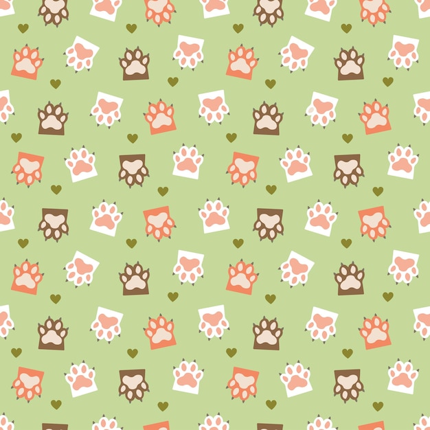 Green seamless pattern with cat paws and hearts