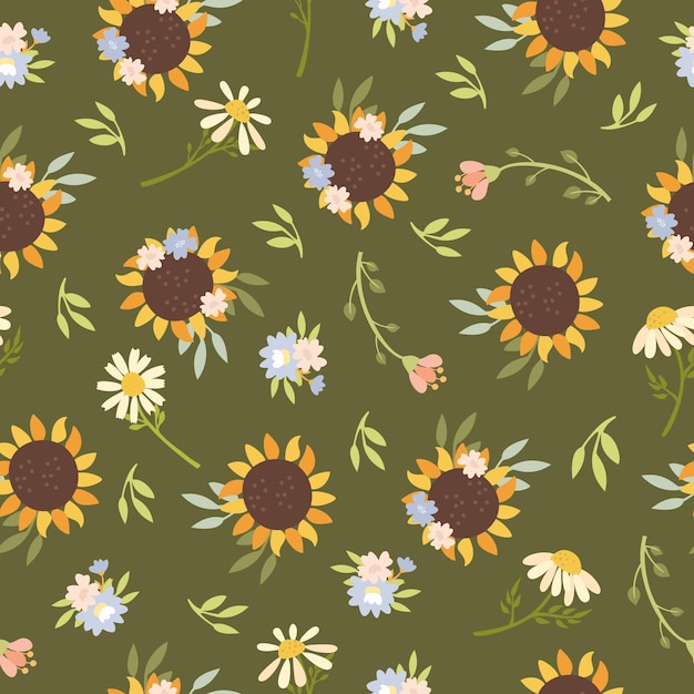 Vector green seamless pattern with sunflowers