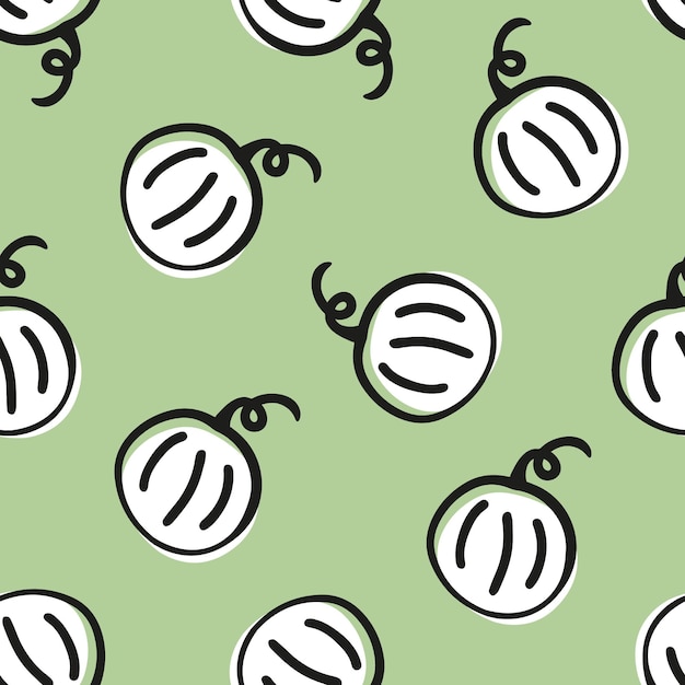 Green seamless pattern with white pumpkin with black outline