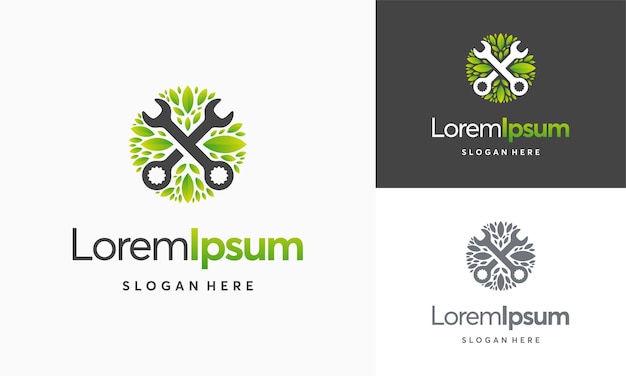 Green service logo design template, wrench tree leaf service logo vector icon illustration, mechanic leaf logo template vector