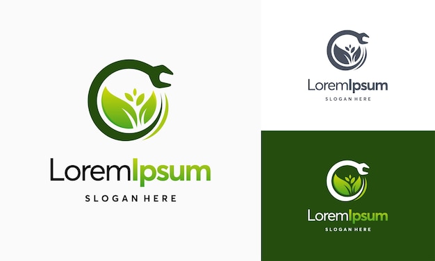 Шаблон дизайна логотипа Green Service, вектор значка логотипа службы листьев дерева гаечного ключа, вектор шаблона логотипа листьев механика