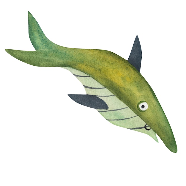 Green shark Watercolor illustration in cartoon style