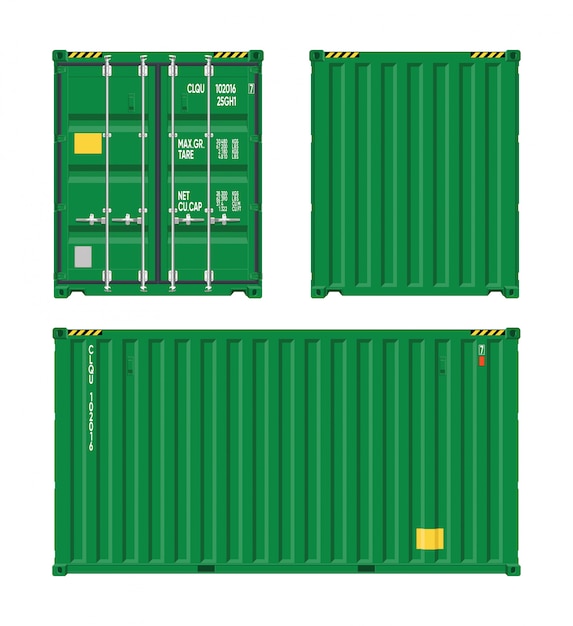 Зеленый доставка грузовой контейнер для логистики и транспорта, изолированных на белом фоне. Фронт, вид сбоку сзади.