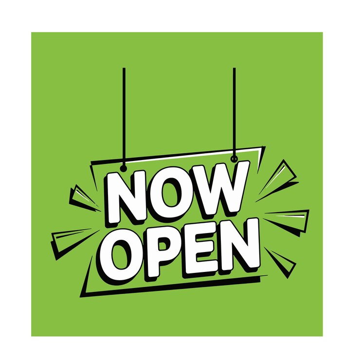 Vector a green sign that says now open is on a green background
