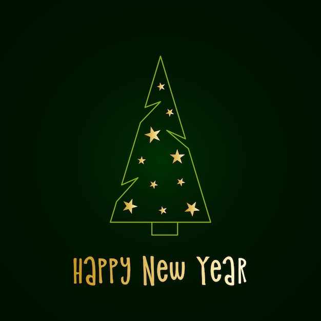 Green silhouette of a Christmas tree with snow and golden stars. Merry Christmas and Happy New Year 2022. Vector illustration.